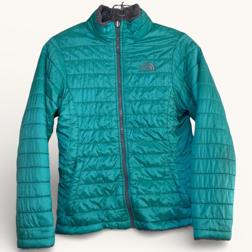 North Face Aqua Gray Reversible Puffer Jacket Size L 14-16 (Girl)